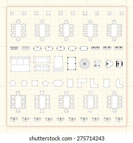 Set of 2d editable flat vector icons furniture for interior outline design on graphing engineering paper. Editable EPS10 vector illustration 