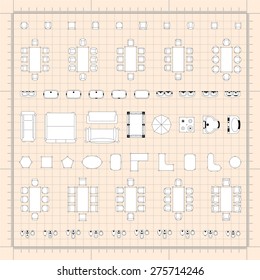 Set of 2d editable flat vector icons furniture for interior outline design on graphing engineering paper. Editable EPS10 vector illustration 