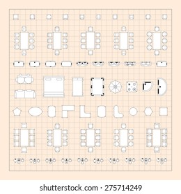 Set of 2d editable flat vector icons furniture for interior outline design on graphing engineering paper. Editable EPS10 vector illustration 