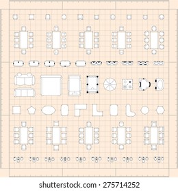Set of 2d editable flat vector icons furniture for interior outline design on graphing engineering paper. Editable EPS10 vector illustration 