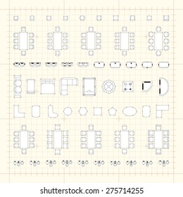 Set of 2d editable flat vector icons furniture for interior outline design on graphing engineering paper. Editable EPS10 vector illustration 