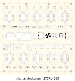 Set of 2d editable flat vector icons furniture for interior outline design on graphing engineering paper. Editable EPS10 vector illustration 