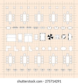 Set of 2d editable flat vector icons furniture for interior outline design on graphing engineering paper. Editable EPS10 vector illustration 