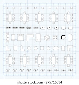Set of 2d editable flat vector icons furniture for interior outline design on graphing engineering paper. Editable EPS10 vector illustration 