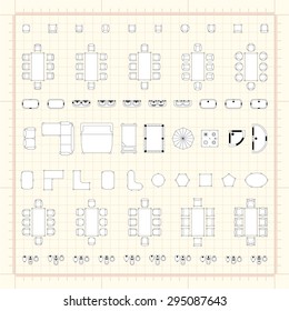 Set of 2d editable flat vector icons furniture for interior outline design on graphing engineering paper. Editable EPS10 vector illustration 