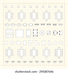 Set of 2d editable flat vector icons furniture for interior outline design on graphing engineering paper. Editable EPS10 vector illustration 