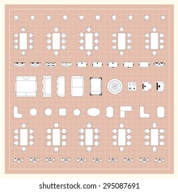 Set of 2d editable flat vector icons furniture for interior outline design on graphing engineering paper. Editable EPS10 vector illustration 