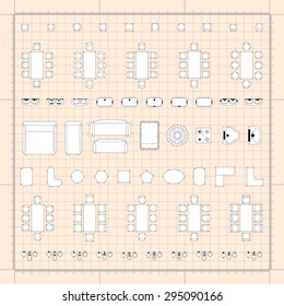 Set of 2d editable flat vector icons furniture for interior outline design on graphing engineering paper. Editable EPS10 vector illustration