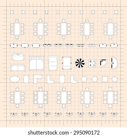 Set of 2d editable flat vector icons furniture for interior outline design on graphing engineering paper. Editable EPS10 vector illustration