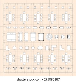 Set of 2d editable flat vector icons furniture for interior outline design on graphing engineering paper. Editable EPS10 vector illustration