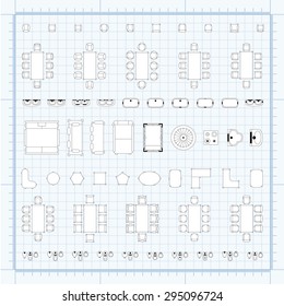 Set of 2d editable flat vector icons furniture for interior outline design on graphing engineering paper. Editable EPS10 vector illustration 