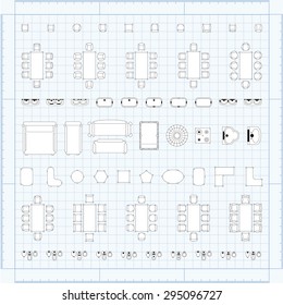 Set of 2d editable flat vector icons furniture for interior outline design on graphing engineering paper. Editable EPS10 vector illustration 
