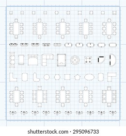 Set of 2d editable flat vector icons furniture for interior outline design on graphing engineering paper. Editable EPS10 vector illustration 