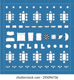 Set of 2d editable flat vector icons furniture for interior outline design on graphing engineering paper. Editable EPS10 vector illustration 