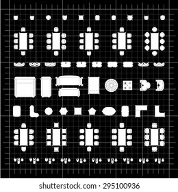 Set of 2d editable flat vector icons furniture for interior outline design on graphing engineering paper. Editable EPS10 vector illustration 