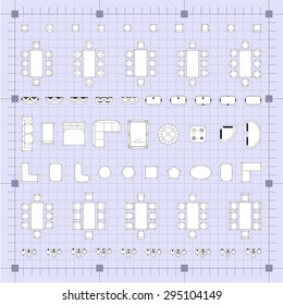 Set of 2d editable flat vector icons furniture for interior outline design on graphing engineering paper. Editable EPS10 vector illustration 