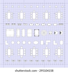 Set of 2d editable flat vector icons furniture for interior outline design on graphing engineering paper. Editable EPS10 vector illustration 