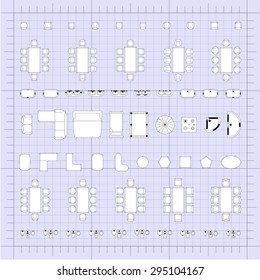 Set of 2d editable flat vector icons furniture for interior outline design on graphing engineering paper. Editable EPS10 vector illustration 