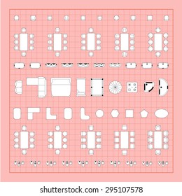 Set of 2d editable flat vector icons furniture for interior outline design on graphing engineering paper. Editable EPS10 vector illustration