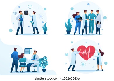 Set 2D Flat concepts about work of doctors and medical personnel. For Concept for web design.
