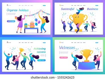Set 2D Flat concepts celebrate the success of the team, achieve the goal, enjoy working together. For Landing page concepts and web design
