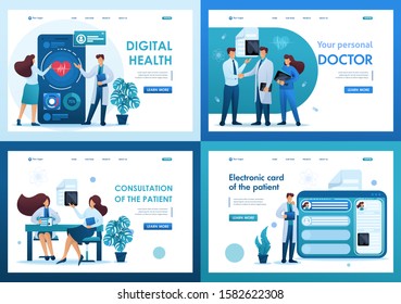 Set 2D Flat concepts digital health, electronic card, consultation patient. For Landing page concepts and web design.