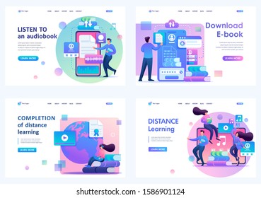 Set 2D Flat concepts distance learning and self-education young people. For Landing page concepts and web design.