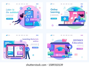 Set 2D Flat concepts distance learning and self-education. For Landing page concepts and web design.