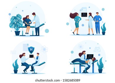 Set 2D Flat concepts Examination of pregnant women and management of pregnancy. For Concept for web design