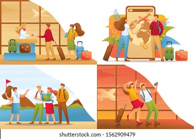 Set 2D Flat concepts, people on vacation, on excursions, on vacation. For Concept for web design