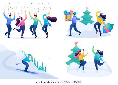 Set 2D Flat concepts Young people have a rest in Christmas holidays, winter entertainments. For Concept for web design.