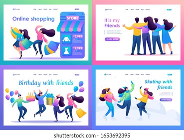 Set 2D Flat Konzepte Junge Menschen haben Spaß und Freude, Freundschaft. Für Landing Page Konzepte und Webdesign