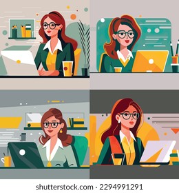 Set of 2D flat illustration,A joyful businesswoman wearing glasses works at an office. A young and gorgeous female employee is working on a new laptop. Trendy vector style ,Flat vector illustration