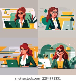 Imagen plana en 2D, una alegre empresaria con gafas trabaja en una oficina. Una joven y preciosa empleada está trabajando en una laptop nueva. Estilo vectorial de moda, ilustración vectorial plana