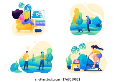Set 2D Flat on the topic of female self-isolation, work at home, online training, sports. Concept for web design