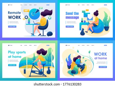 Set 2D Flat on the topic of women's self-isolation, work at home, sports. For Landing page concepts and web design