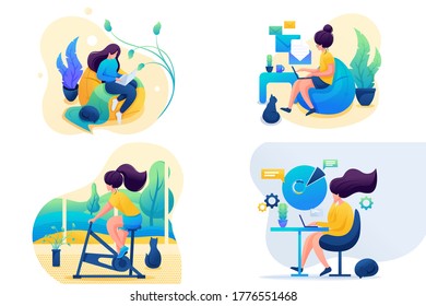 Set 2D Flat on the topic of women's self-isolation, work at home, sports. For Concept for web design