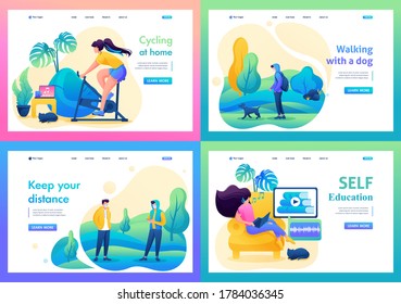 Set 2D Flat on the topic of female self-isolation, work at home, online training, sports. For Landing page concepts and web design