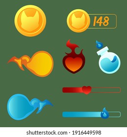 Set for a 2D game. Coin, player balance, health line, power line, fireballs, health, potion.