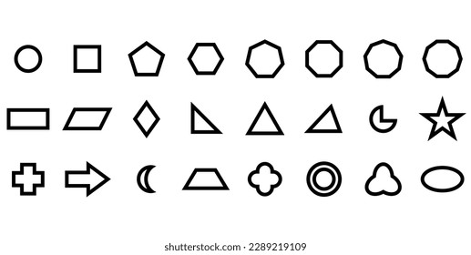 Set of 2D geometric shapes. Circle, square, pentagon, hexagon, heptagon, octagon,decagon, parallelogram, kite, triangle, pic, crescent, arrow, heart, quatrefoil, ring, star, cross and trefoil.