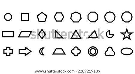 Set of 2D geometric shapes. Circle, square, pentagon, hexagon, heptagon, octagon,decagon, parallelogram, kite, triangle, pic, crescent, arrow, heart, quatrefoil, ring, star, cross and trefoil.