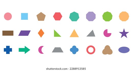 Set of 2D geometric shapes in math. Circle, square, pentagon, hexagon, heptagon, octagon,decagon, parallelogram, kite, triangle, pic, crescent, arrow, heart, quatrefoil, ring, star, cross and trefoil.