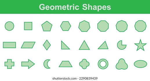 Set of 2D geometric shapes in math. Circle, square, pentagon, hexagon, heptagon, octagon,decagon, parallelogram, kite, triangle, pic, crescent, arrow, heart, quatrefoil, ring, star, cross and trefoil.