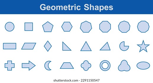 Set of 2D geometric shapes in math. Circle, square, pentagon, hexagon, heptagon, octagon,decagon, parallelogram, kite, triangle, pic, crescent, arrow, heart, quatrefoil, ring, star, cross and trefoil.