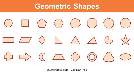 Set of 2D geometric shapes in math. Circle, square, pentagon, hexagon, heptagon, octagon,decagon, parallelogram, kite, triangle, pic, crescent, arrow, heart, quatrefoil, ring, star, cross and trefoil.