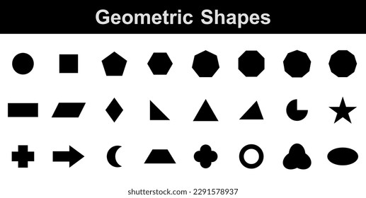 Set of 2D geometric shapes in math. Circle, square, pentagon, hexagon, heptagon, octagon,decagon, parallelogram, kite, triangle, pic, crescent, arrow, heart, quatrefoil, ring, star, cross and trefoil.