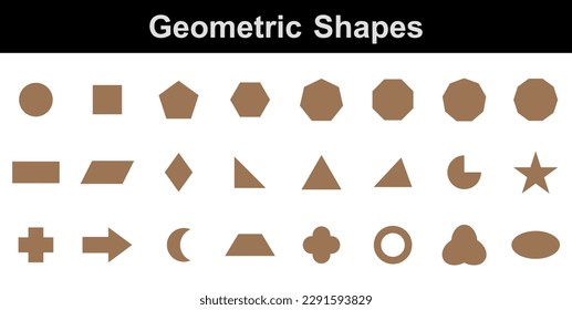 Set of 2D geometric shapes in math. Circle, square, pentagon, hexagon, heptagon, octagon,decagon, parallelogram, kite, triangle, pic, crescent, arrow, heart, quatrefoil, ring, star, cross and trefoil.