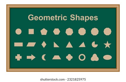 Set of 2D geometric shapes in math. Circle, square, pentagon, hexagon, heptagon, octagon,decagon, parallelogram, kite, triangle, pic, crescent, arrow, heart, quatrefoil, ring, star, cross and trefoil.