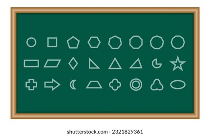 Set of 2D geometric shapes in math. Circle, square, pentagon, hexagon, heptagon, octagon,decagon, parallelogram, kite, triangle, pic, crescent, arrow, heart, quatrefoil, ring, star, cross and trefoil.