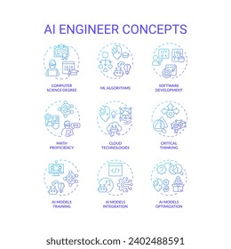 Set of 2D gradient thin line icons representing AI engineer, isolated vector, linear illustration.